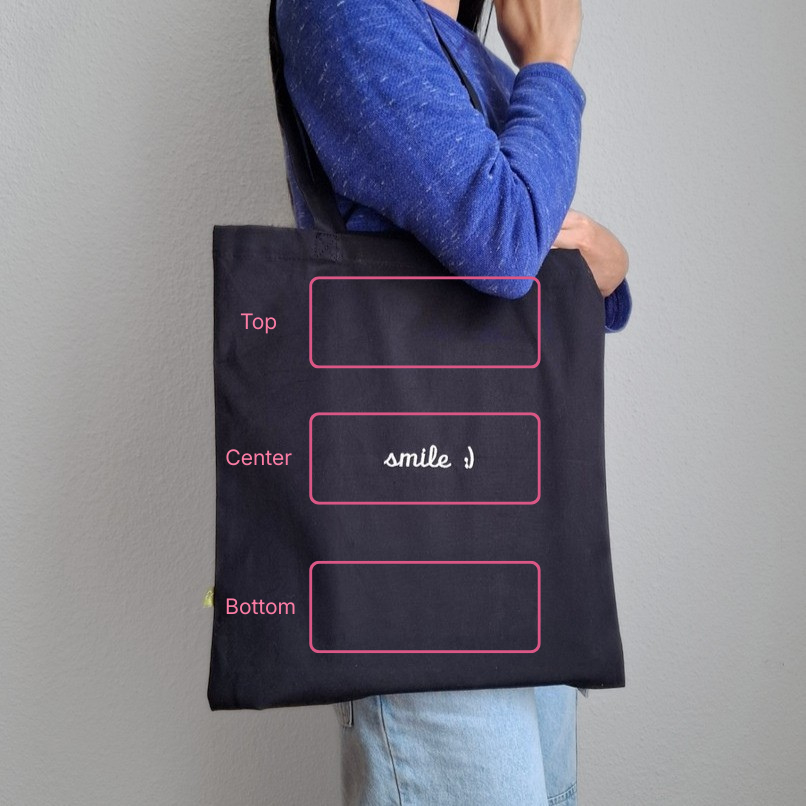 Positioning options for embroidered text on the totebag. Options include: bottom, center, top