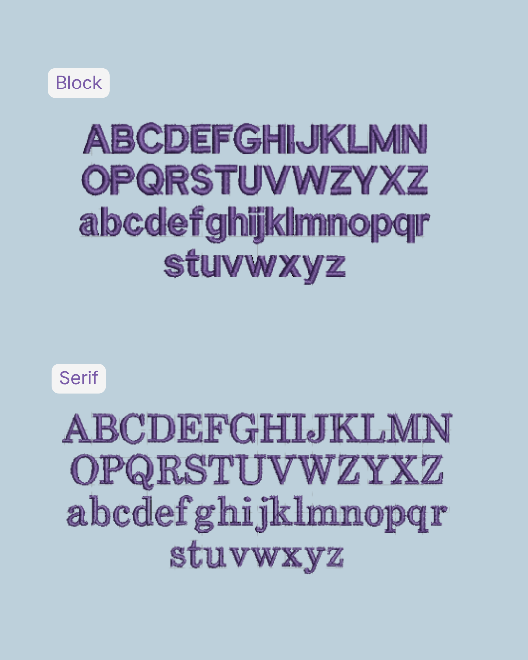 Übersicht über alle verfügbaren Schriften: Block und Serif
