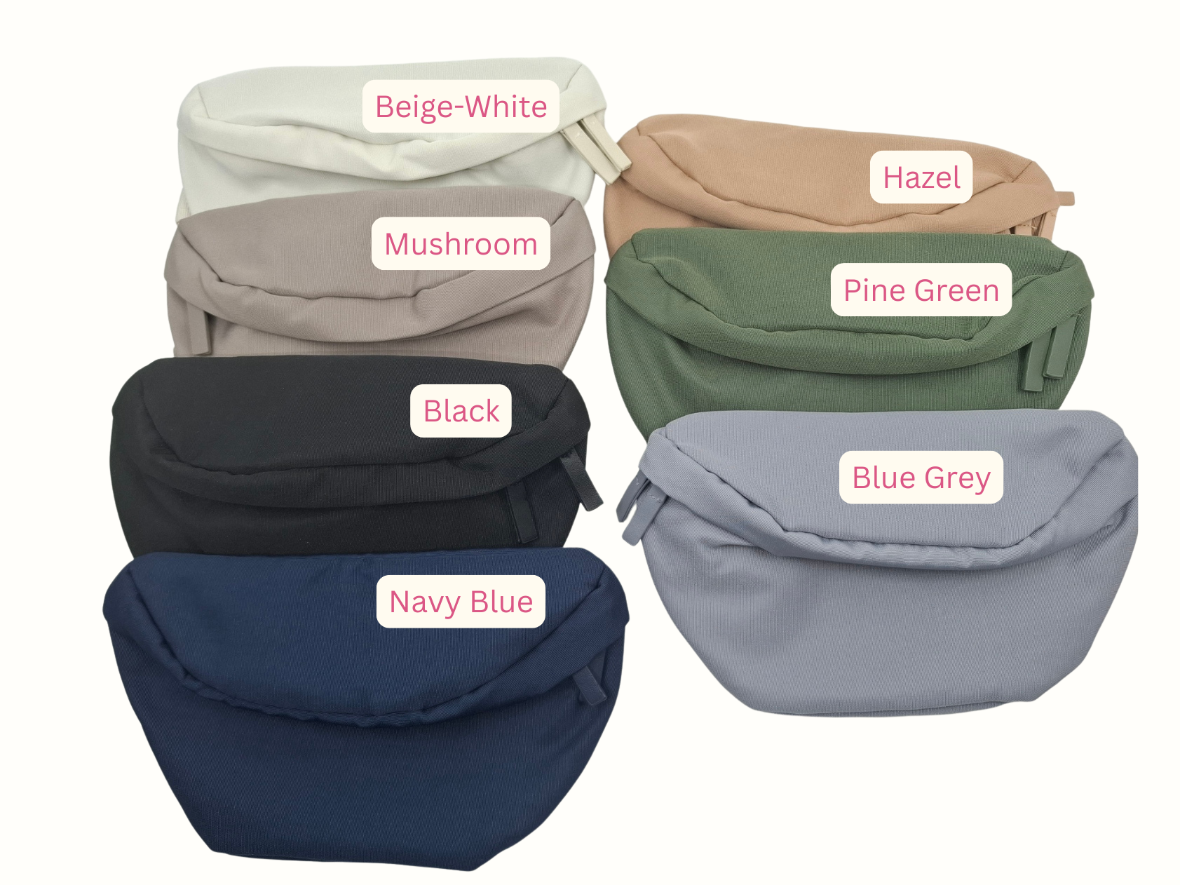Übersicht über die erhältlichen Taschenfarben: Beige-White, Mushroom, Black, Navy-Blue, Hazel, Pine Green, Blue Grey