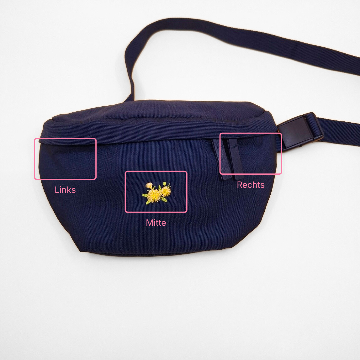 Übersicht über die verfügbaren Position für das bestickte Icon auf der Tasche: Links, Mitte, Rechts 