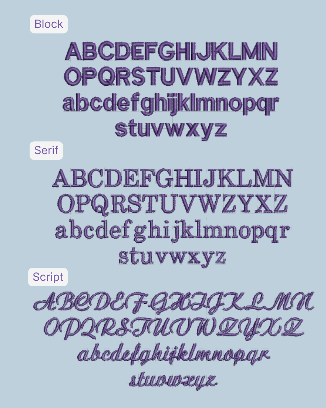 Übersicht über die verfügbaren Schriften: Block, Serif und Script